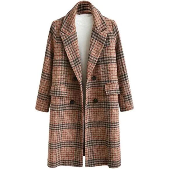 Winter Oversize Lapel Collar Woolen Plaid Double Breasted Long Peacoat Jacket - Picture 1 of 5